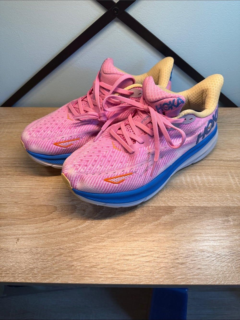 Hoka One Clifton 9 Pink Running Shoes with Blue Midsole